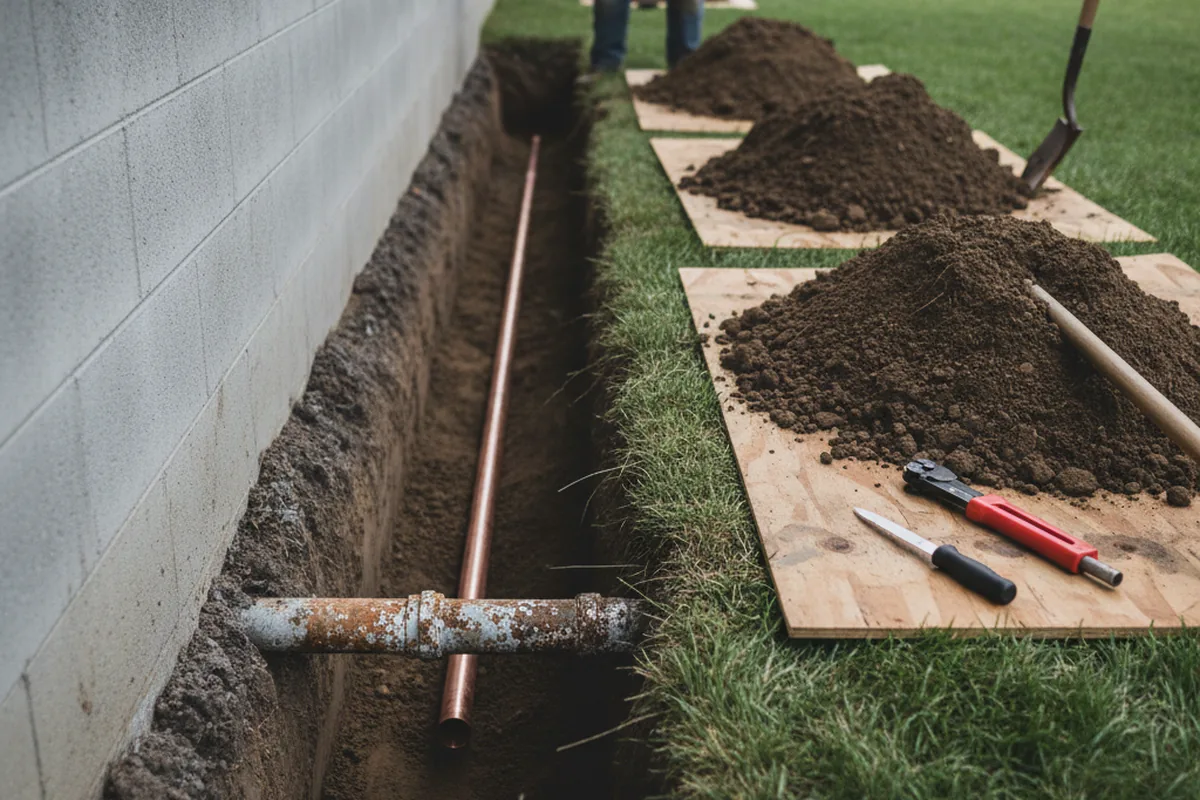 Excavated water line trench during Sewer Line Repair in Cumming
